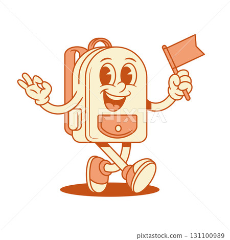 Comic schoolbag back to school cartoon character with flag isometric vector illustration 131100989