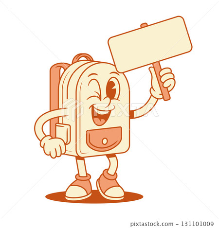 Cheerful schoolbag back to school cartoon character promo board isometric vector illustration 131101009