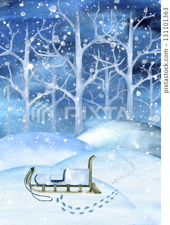 Watercolor winter landscape with wooden sled, footprint on snow. Snowdrift, night sky with snowfall, silhouette of tree. Snowy scenery for children's book, game card, North, Arctic article, postcard 131101363