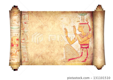 Ancient Colorful papyrus with egyptian goddess and hieroglyphs. Old parchment with Figure of goddess Isis. Isolated on white background. Copy space for your text. Mock up template. 3d render 131101510