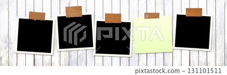 Four frame photos with adhesive tape stripes at wooden wall. Horizontal banner featuring a pictures album grid for scrapbooking. Vintage style mood board layout. Copy space for your text and photo Four frame photos with adhesive tape stripes at wooden wall. Horizontal banner featuring a pictures album grid for scrapbooking. Vintage style mood board layout. Copy space for your text and photo 131101511