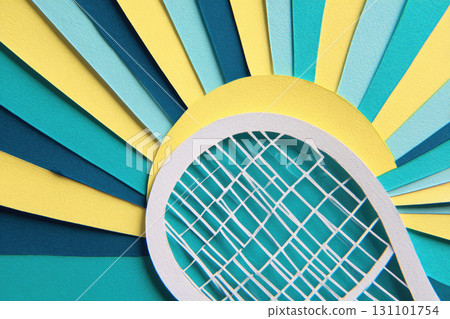 Paper cut tennis racket with strings, surrounded by layered yellow, blue, and teal paper rays, creating vibrant and energetic abstract sports background 131101754
