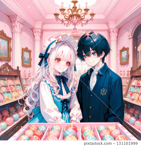 A couple visiting a candy shop. An albino girl and a blue-eyed young man on holiday. AI illustration in Japanese manga style. A couple visiting a candy shop. An albino girl and a blue-eyed young man on holiday. AI illustration in Japanese manga style. 131101999