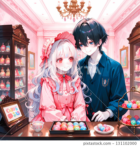 A couple visiting a candy shop. An albino girl and a blue-eyed young man on holiday. AI illustration in Japanese manga style. 131102000