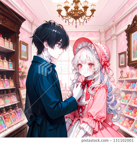 A couple visiting a candy shop. An albino girl and a blue-eyed young man on holiday. AI illustration in Japanese manga style. 131102001
