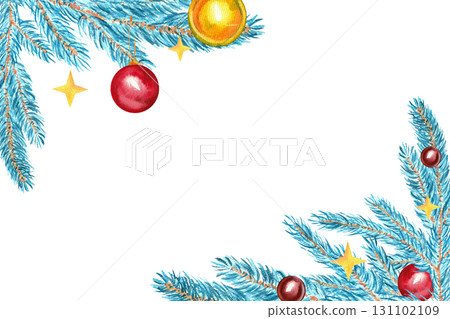 Hand-drawn horizontal watercolor Christmas frame with decorated fir branches and for holiday print design. 131102109