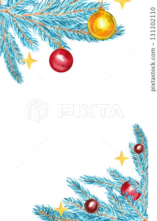 A vertical hand-drawn watercolor Christmas frame with decorated fir blue branches for holiday print design. A vertical hand-drawn watercolor Christmas frame with decorated fir blue branches for holiday print design. 131102110