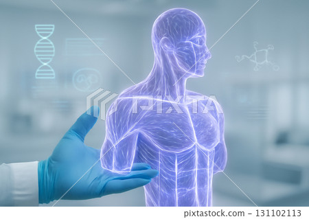 AI generated futuristic medical visualization showing a glowing hologram of human muscles analyzed by a doctor in a high-tech clinic. Ideal for medical and tech-focused content. 131102113