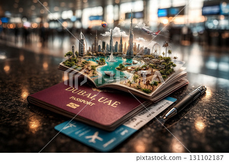 AI generated hyper realistic passport with Dubai UAE cityscape diorama on airport counter symbolizing travel culture architecture and inspiration with clean minimal background 131102187