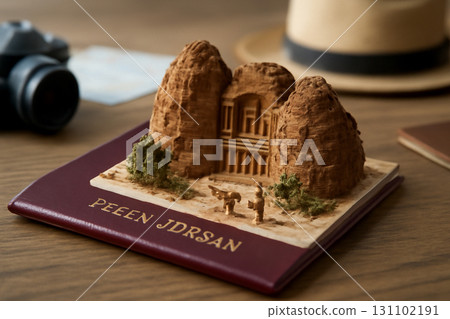 AI generated detailed close-up of an open passport featuring Petra Jordan, with miniature landscape, architecture, and cultural elements emerging from the pages. Perfect for travel and culture themes. 131102191