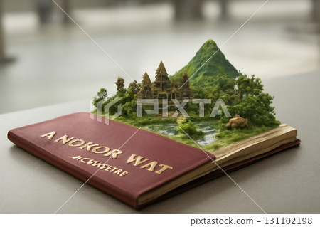 AI generated of an open passport showcasing a miniature diorama of Angkor Wat, Cambodia. This detailed scene captures the temple, lush landscape, and cultural elements in vibrant colors. 131102198