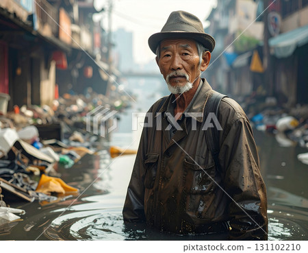 AI generated image of elderly Asian man emerging from dirty canal surrounded by trash and pollution with urban background showing sewage and community impact 131102210