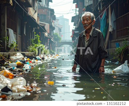 AI generated image of elderly Asian man emerging from dirty canal surrounded by trash and pollution with urban background showing sewage and community impact AI generated image of elderly Asian man emerging from dirty canal surrounded by trash and pollution with urban background showing sewage and community impact 131102212