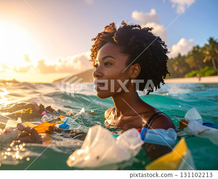AI generated image of a woman snorkeling at sunset with plastic waste floating in the sea conveying ocean pollution awareness and environmental concern AI generated image of a woman snorkeling at sunset with plastic waste floating in the sea conveying ocean pollution awareness and environmental concern 131102213