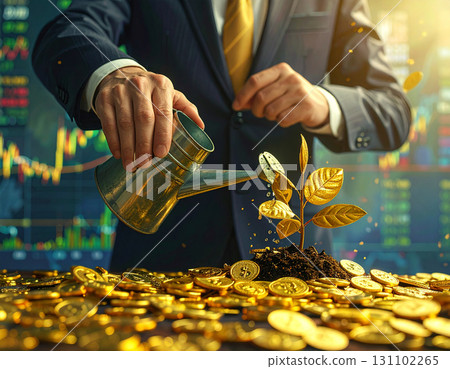 AI generated image of a person in a suit watering a coin tree sprouting from gold with bitcoin dollar and gold leaves set against a digital stock market background AI generated image of a person in a suit watering a coin tree sprouting from gold with bitcoin dollar and gold leaves set against a digital stock market background 131102265
