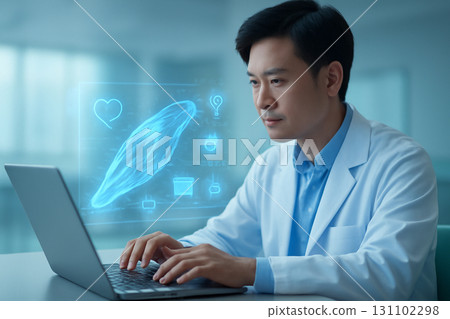 AI generated of a healthcare professional with a futuristic holographic display showcasing muscle anatomy in a high-tech medical environment. Ideal for digital health and medical technology visuals. 131102298