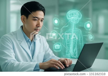 AI generated of a young Asian healthcare professional using a laptop with a holographic display of the human nervous system, reflecting high-tech medical intelligence and digital health innovations. 131102310
