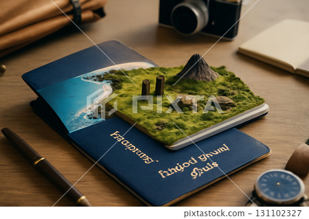 AI generated open passport with Easter Island landscape emerging in 3D on paper. Featuring iconic Moai statues, volcano, and beach with travel accessories. 131102327