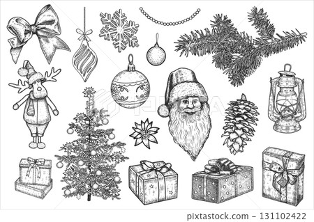 Hand draw set of vintage Christmas design elements. Gifts, Christmas tree, New Year decor. Vector illustration. Hand draw set of vintage Christmas design elements. Gifts, Christmas tree, New Year decor. Vector illustration. 131102422