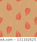 Warm seamless pattern of stylized red leaves on a brown background. Ideal for fall themes, fabric, wallpapers, gift wraps, packaging, stationery, and cozy seasonal surface design projects. 131102625