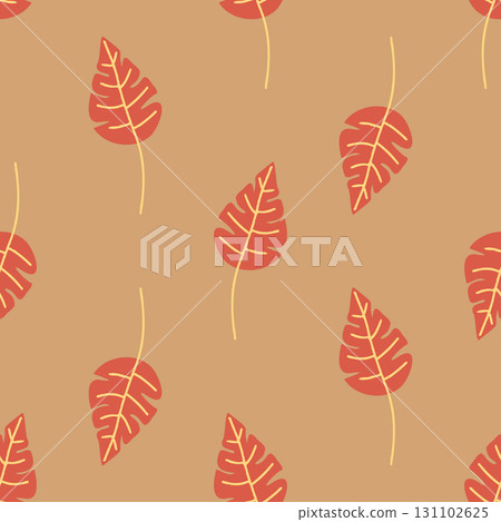 Warm seamless pattern of stylized red leaves on a brown background. Ideal for fall themes, fabric, wallpapers, gift wraps, packaging, stationery, and cozy seasonal surface design projects. 131102625