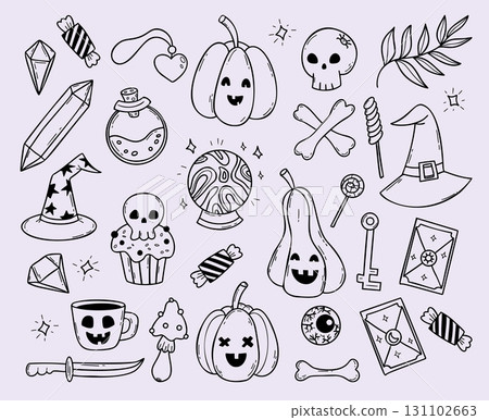 Outline Scary Halloween Doodles set. Spooky dessert Cupcake, Pumpkin lantern Jack, skull, tarot card, Crystal, Magic Ball, Bones and creepy mushroom. Isolated Vector Hand Drawn Sketch. Not AI 131102663
