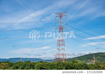 Power line tower standing on the banks of the Yodo River, Takatsuki City, Osaka Prefecture 131102808
