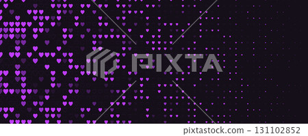 Glowing purple heart pattern, digital love abstract pixel grid. Romantic mood backdrop, passion, emotion, night tech background for events, apps, web. Magenta Neon pixel art vector illustration 131102852