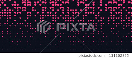Glowing magenta heart pattern, digital love abstract pixel grid. Romantic mood backdrop, passion, emotion, night tech background for events, apps, web. Scarlet Neon pixel art vector illustration 131102855