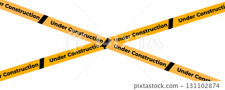 Under construction sign with yellow warning tape safety stripe. Caution barrier stripe for safety zone, blocked area, website page, road work, site maintenance, redesign progress. Vector illustration. 131102874