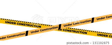 Under construction sign with yellow warning tape safety stripe. Caution barrier stripe for safety zone, blocked area, website page, road work, site maintenance, redesign progress. Vector illustration. 131102875