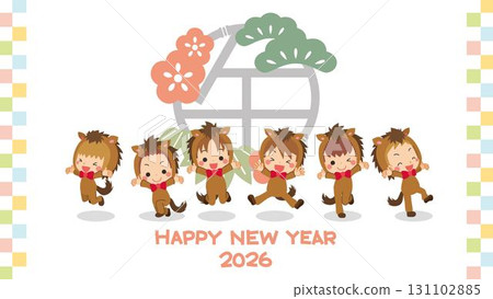 Illustration of cute little children wearing horse costumes New Year's template 2026 Year of the Horse 131102885