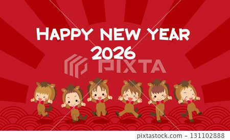 Illustration of cute little children wearing horse costumes New Year's template 2026 Year of the Horse 131102888