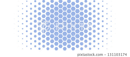 Blue white Hexagon honeycomb pattern fading geometric shape texture. Abstract futuristic background for technology, science, data UI design, skin care medical product, web banner. Vector backdrop 131103174