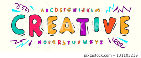 Playful cartoon alphabet, art funky letters, colorful creative kids font for party logo, school sign headline, cheerful typographic design, modern creativity childish typography. Vector typeset. 131103219