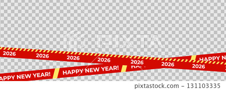 2026 New Year Tape Banner Vector, Red Diagonal Ribbons with Stripes Isolated on Transparent Background. Perfect for new year promotions, party banners, packaging. Isolated vector illustration 131103335