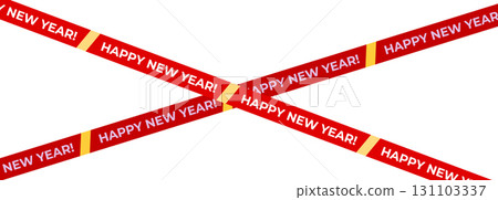 Happy New Year 2026 crossing ribbon design. Red yellow festive tape with bold text for web banners, headers, cards, social media, and winter promo. Flat vector illustration. 131103337