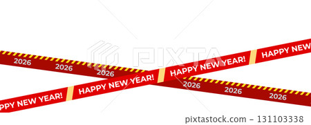 Red caution tape with yellow stripes marked with 2026 and Happy New Year text, blending warning with festivity. Unique seasonal greeting, future-themed design. Bold flat vector illustration 131103338