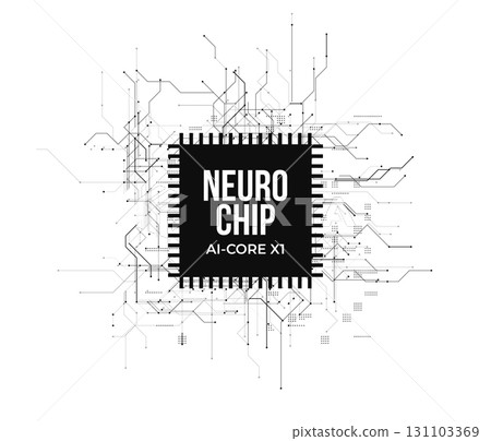 Futuristic AI microchip logo simulating brain-computer interface. Advanced neurotechnology, data transfer, cognitive computing for biotech, robotics, medical innovation. Vector illustration. 131103369