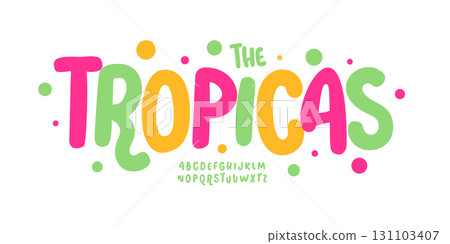 Colorful funny alphabet, playful joyful font for kids logo, birthday headline, cheerful typography, funky typographic design. Bold rounded bouncy letters for summertime designs. Vector typeset. 131103407