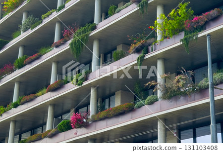 Building architecture with modern concrete facade and balconies decorated with lush garden plants, Building architecture with modern concrete facade and balconies decorated with lush garden plants, 131103408
