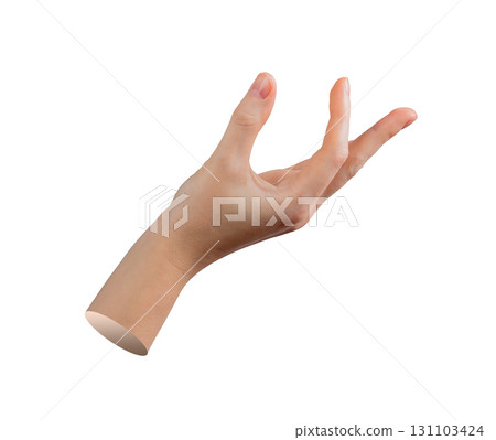 Hand holding with fingers in natural posture, gesture to catch or receive, grip between thumb and 131103424