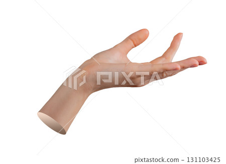 Hand holding with fingers in open posture, grip between thumb and index finger, gesture to reach, 131103425