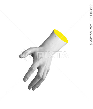Hand with palm and fingers in open pose to grasp or pick invisible object, gesture of touch, grip 131103436