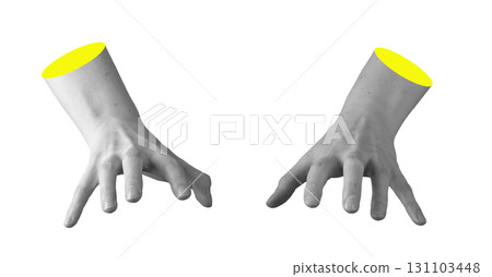 Hands with fingers curved down in hovering position over surface, gesture to grasp or hold invisible 131103448