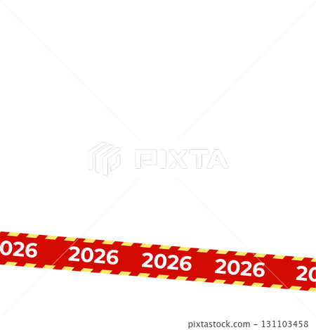 Red yellow hazard tape with repeating number 2026, visualizing restriction, danger, warning. Year marker for event, deadline, prediction. Minimal flat vector illustration. 131103458