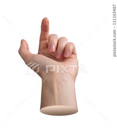 hand with the index finger extended upward, making a beckoning or calling gesture. Fingers slightly hand with the index finger extended upward, making a beckoning or calling gesture. Fingers slightly 131103487