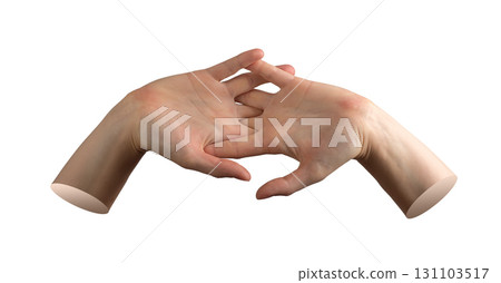 Pair of female hands with fingers linked in clasped gesture, symbolizing unity and togetherness with 131103517