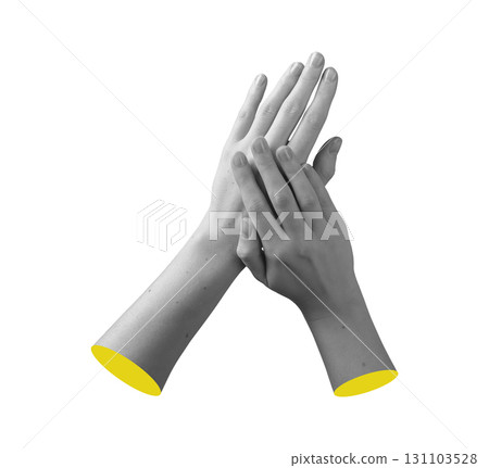 Pair of female hands with neat manicure in gentle posture, showing smooth skin and tenderness, 131103528