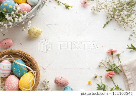 Celebrating Easter with traditional decorated eggs, colorful eggs, soft spring floral accents, fun and warm atmosphere, perfect for an Easter greeting card, vintage or watercolor style 131103545